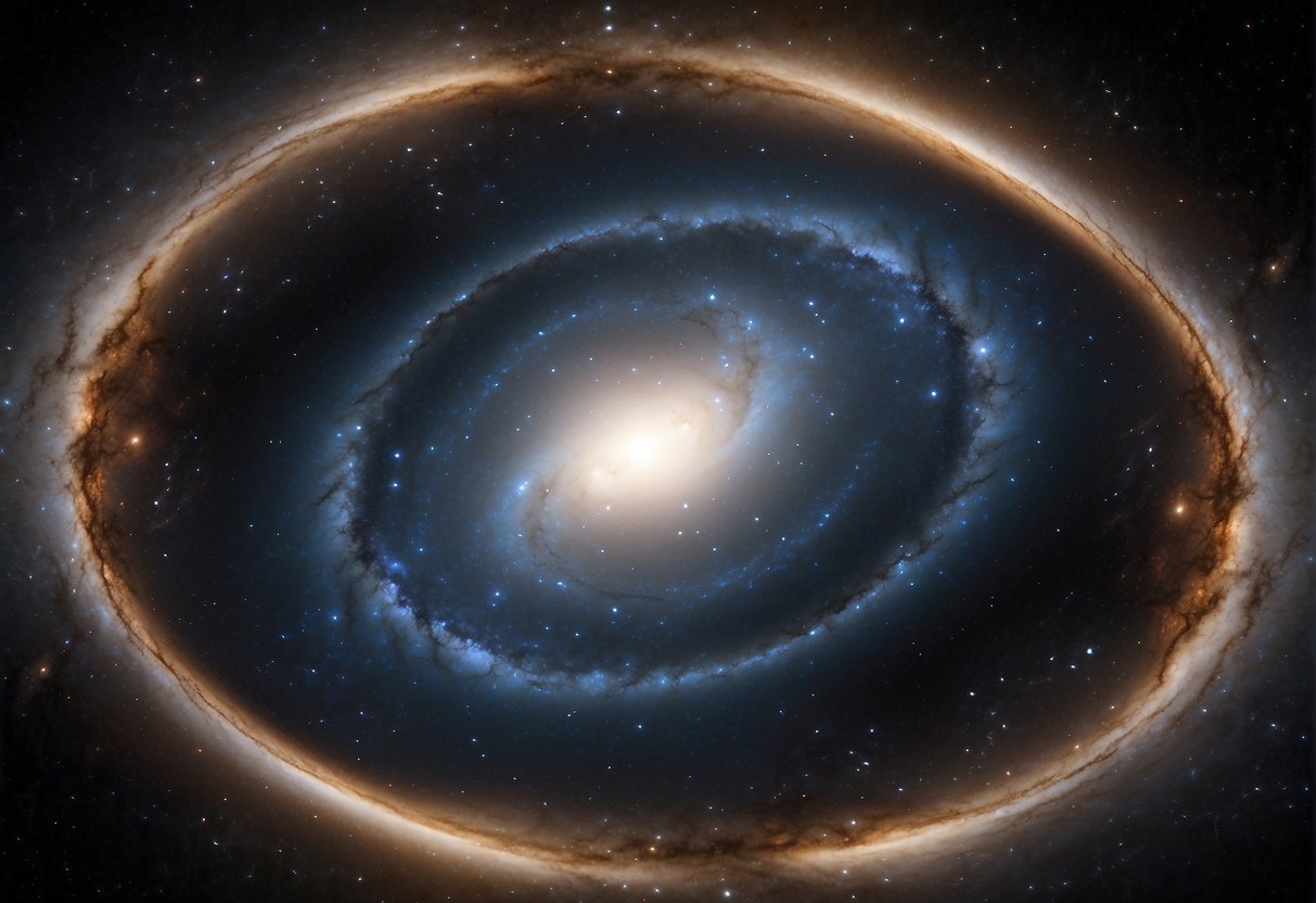 A swirling vortex of stars and galaxies, with beams of light bending around a massive black hole at the center, influencing the surrounding celestial bodies