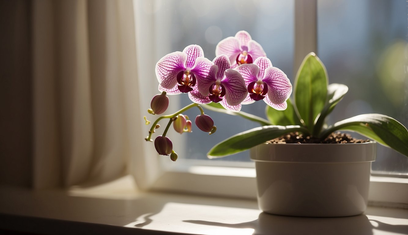 A moth orchid sits on a windowsill, bathed in soft sunlight. A small spray bottle and a bag of orchid fertilizer are nearby