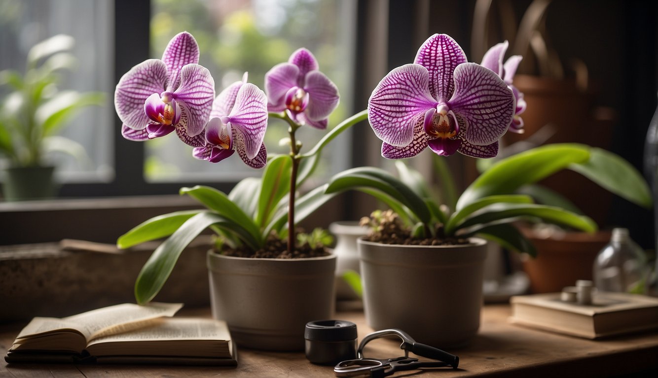 A hand gently misting a blooming moth orchid, surrounded by propagation tools and a troubleshooting guide book