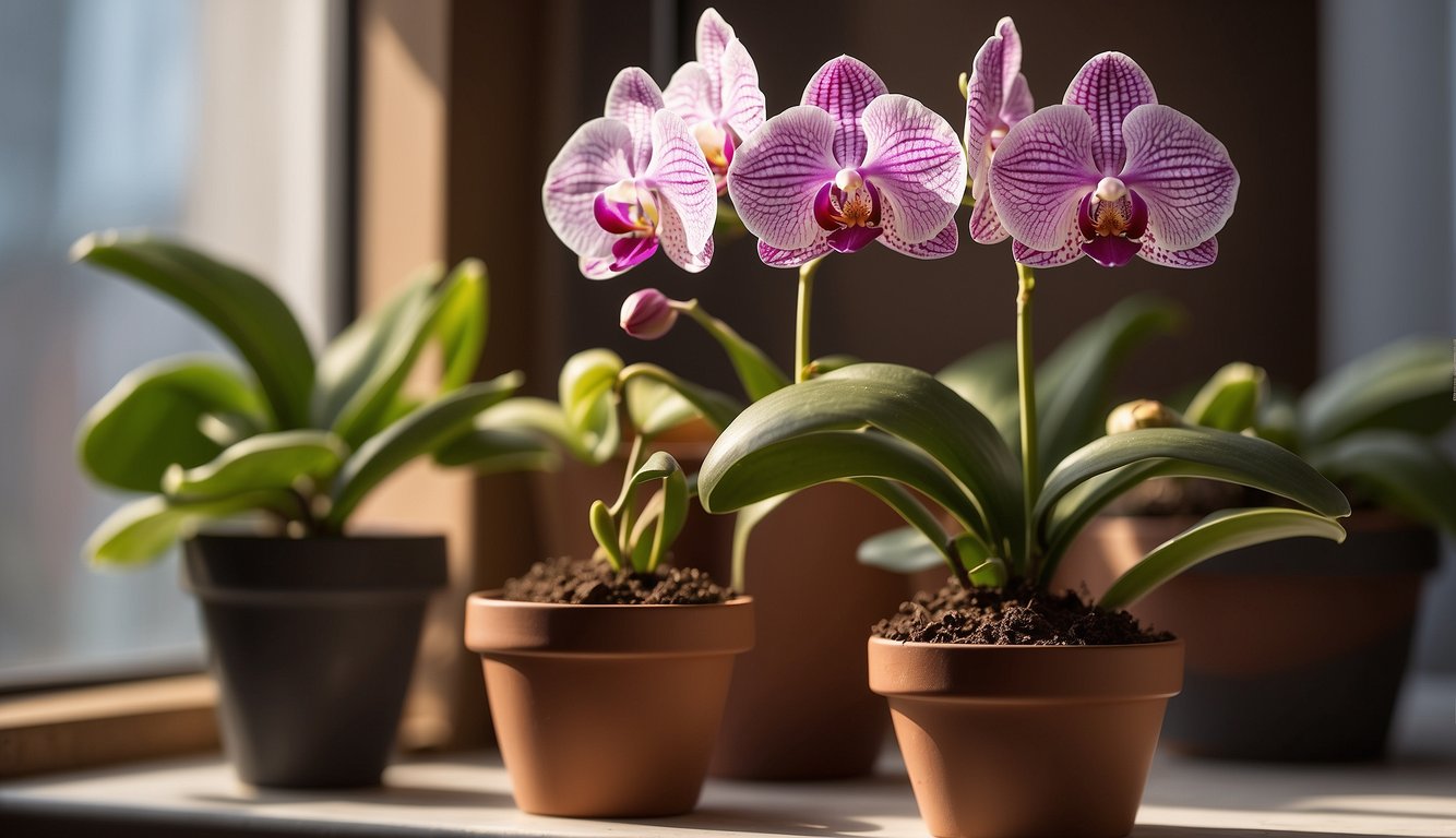 A moth orchid sits on a windowsill, surrounded by pots, soil, and gardening tools. A book titled "Orchid Love: Beginner's Guide to Moth Orchid (Phalaenopsis spp.) Propagation" is open nearby
