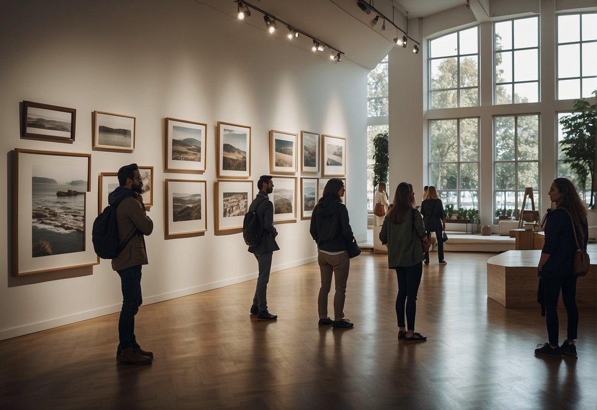A serene gallery with diverse artworks. Visitors engage in thoughtful appreciation and critique. Light filters in through large windows