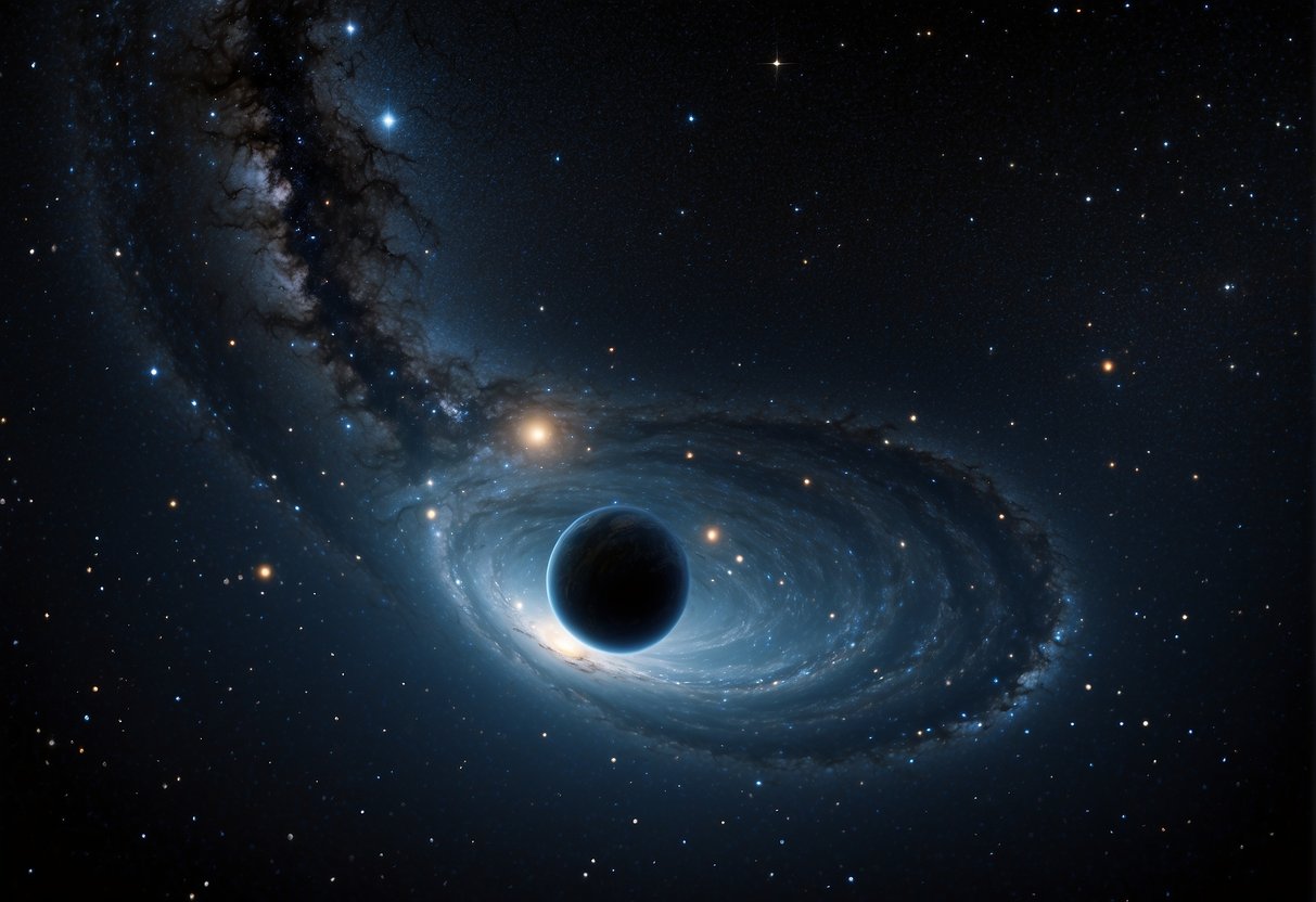 A swirling vortex of stars and celestial bodies, bending and distorting light, creating a mesmerizing and mysterious black hole in the depths of space