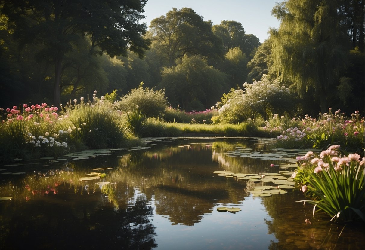A serene landscape with a tranquil pond, surrounded by lush greenery and vibrant flowers, with a gentle breeze rustling the leaves