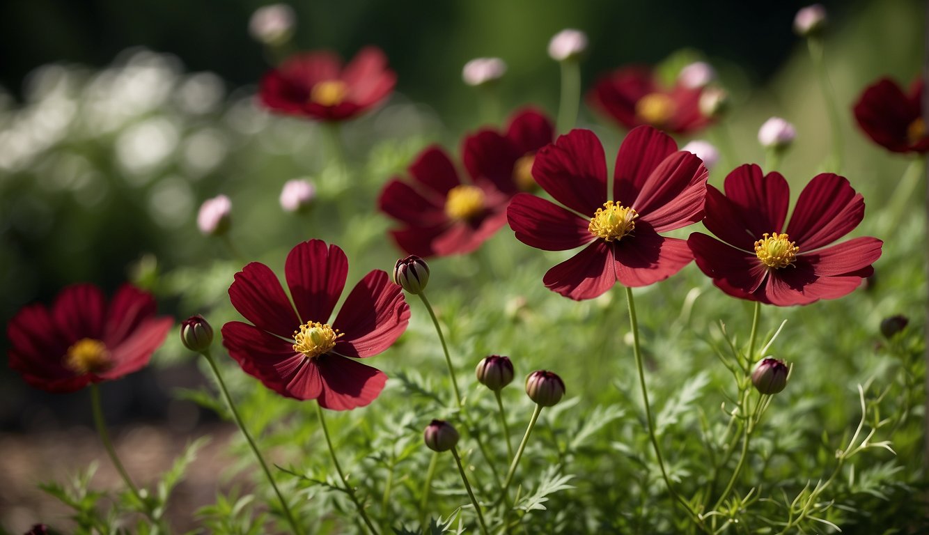 A garden bed filled with dark red Chocolate Cosmos flowers, emitting a rich and sweet chocolate scent. Green leaves and stems surround the blossoms