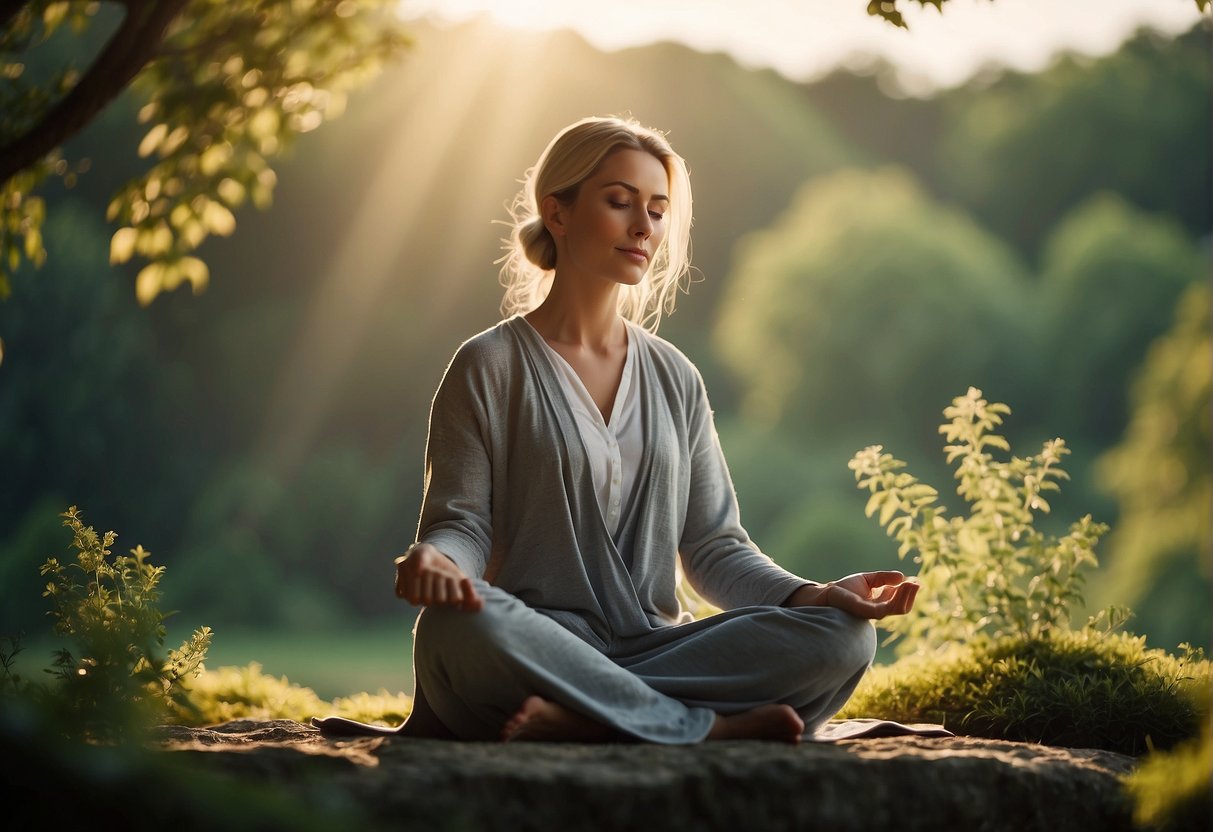 Meditation art in backyard with person meditating 