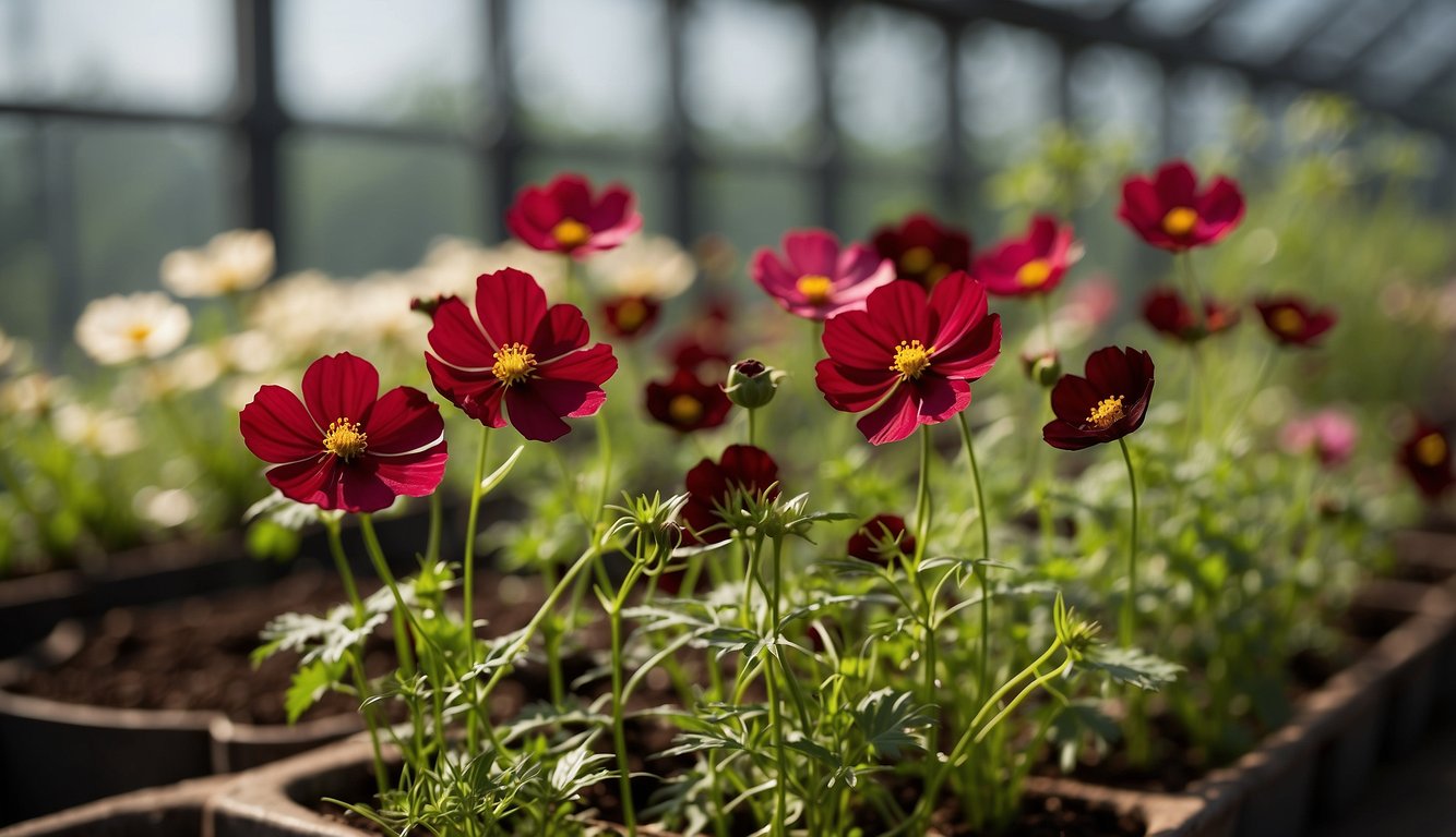 Vibrant chocolate cosmos flowers being carefully propagated in a sunlit greenhouse, surrounded by rich, dark soil and delicate green foliage