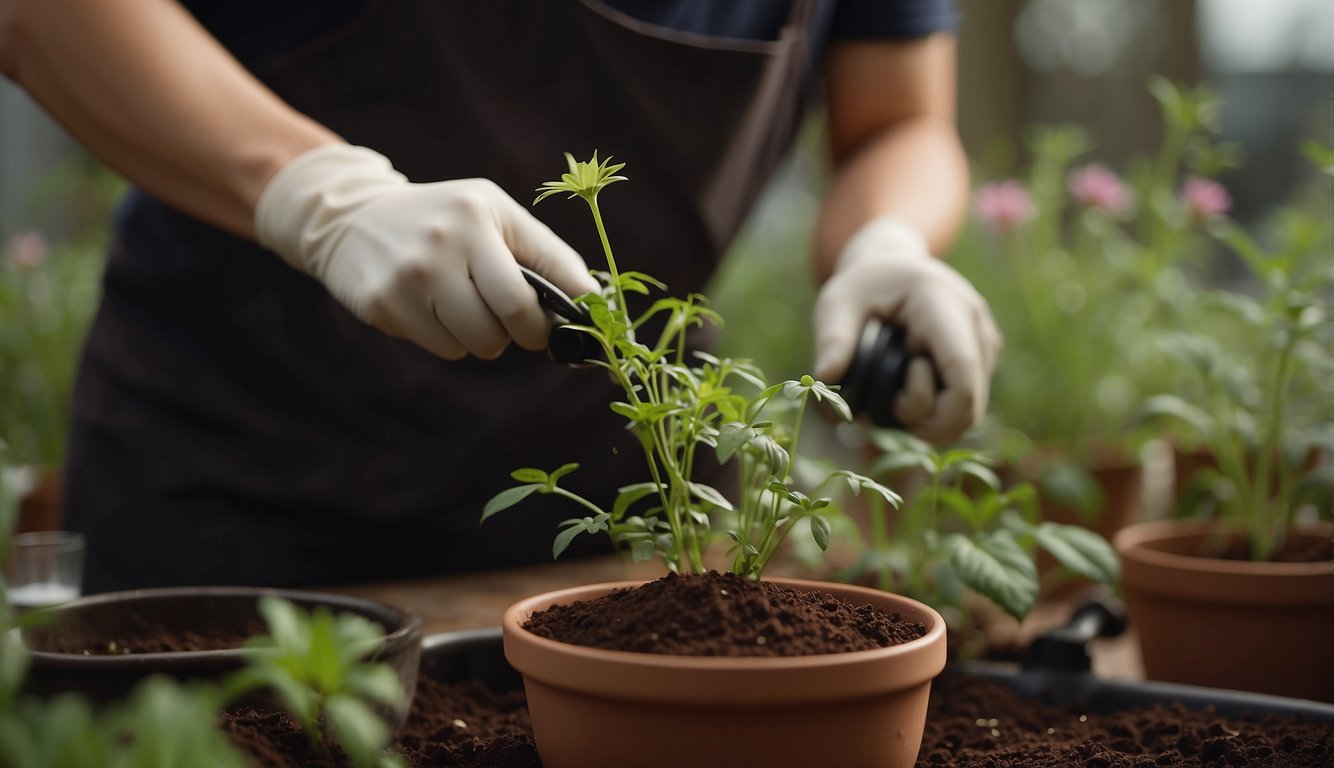 A gardener carefully cuts a stem from a chocolate cosmos plant and places it into a pot of moist soil, ready for propagation