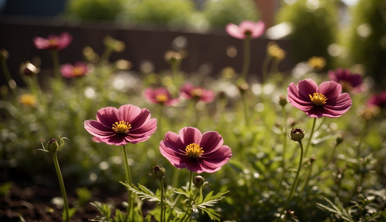 A garden with chocolate cosmos plants in various stages of growth, surrounded by rich, dark soil and bathed in warm sunlight