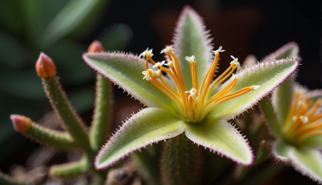 A starfish flower cactus blooms with vibrant, fleshy petals. New shoots emerge from the base, ready for propagation