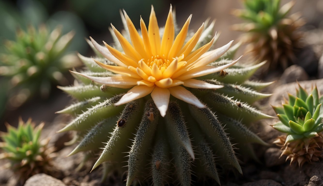 A close-up of a blooming Starfish Flower Cactus with multiple large, fleshy, star-shaped flowers and thick, spiky stems. The cactus is surrounded by small, succulent leaves and is placed in a well-draining