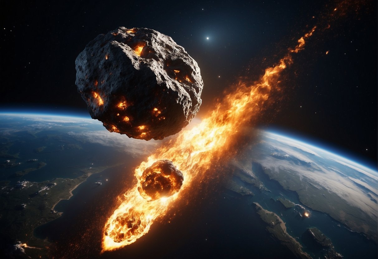 Armageddon  - The asteroid hurtles towards Earth, flames and debris trailing behind it. The planet is shrouded in darkness as the impact looms closer