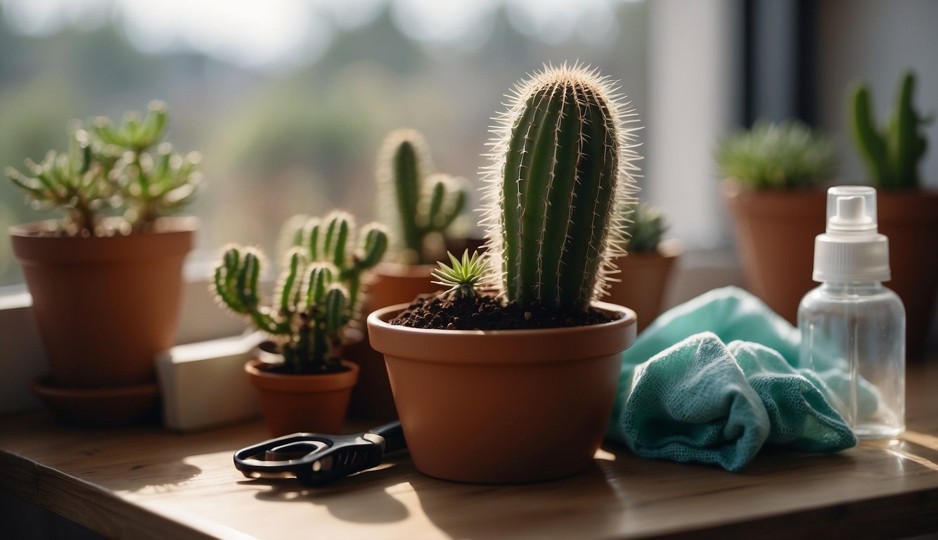 A small pot with a propagated fishbone cactus sits on a table next to a misting bottle and a bag of well-draining soil. A pair of gardening gloves and a pair of pruning shears are nearby