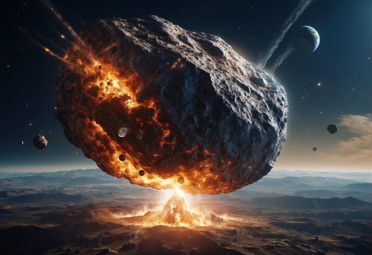 A massive asteroid hurtles towards Earth, causing chaos and destruction as it looms ominously in the sky. The world watches in fear as scientists and astronauts race against time to prevent the catastrophic impact
