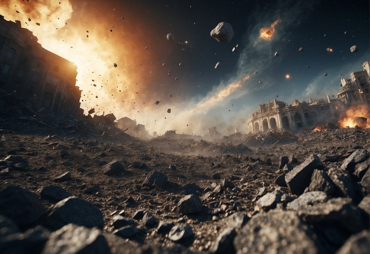 Asteroids hurtle towards Earth, chaos reigns as people flee. Buildings crumble, fires rage, and the sky is filled with debris