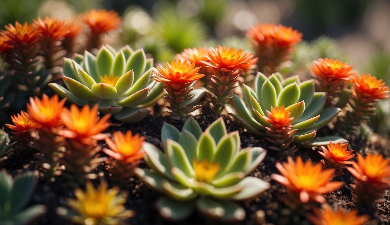 A cluster of Flaming Katy succulent plants with vibrant red, orange, and yellow flowers, surrounded by small propagating leaves and soil in a bright, sunny setting