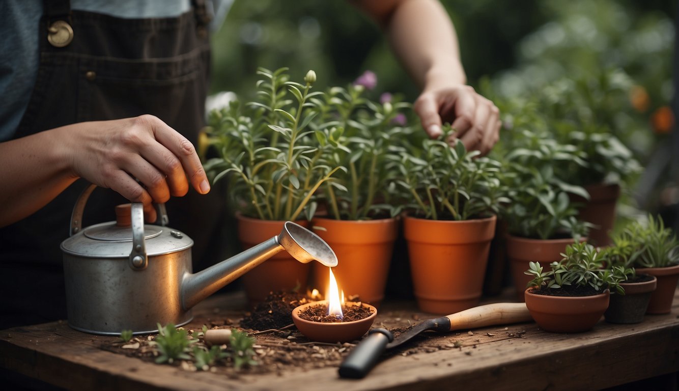 A pair of hands gently placing Flaming Katy cuttings into pots, surrounded by gardening tools and a watering can