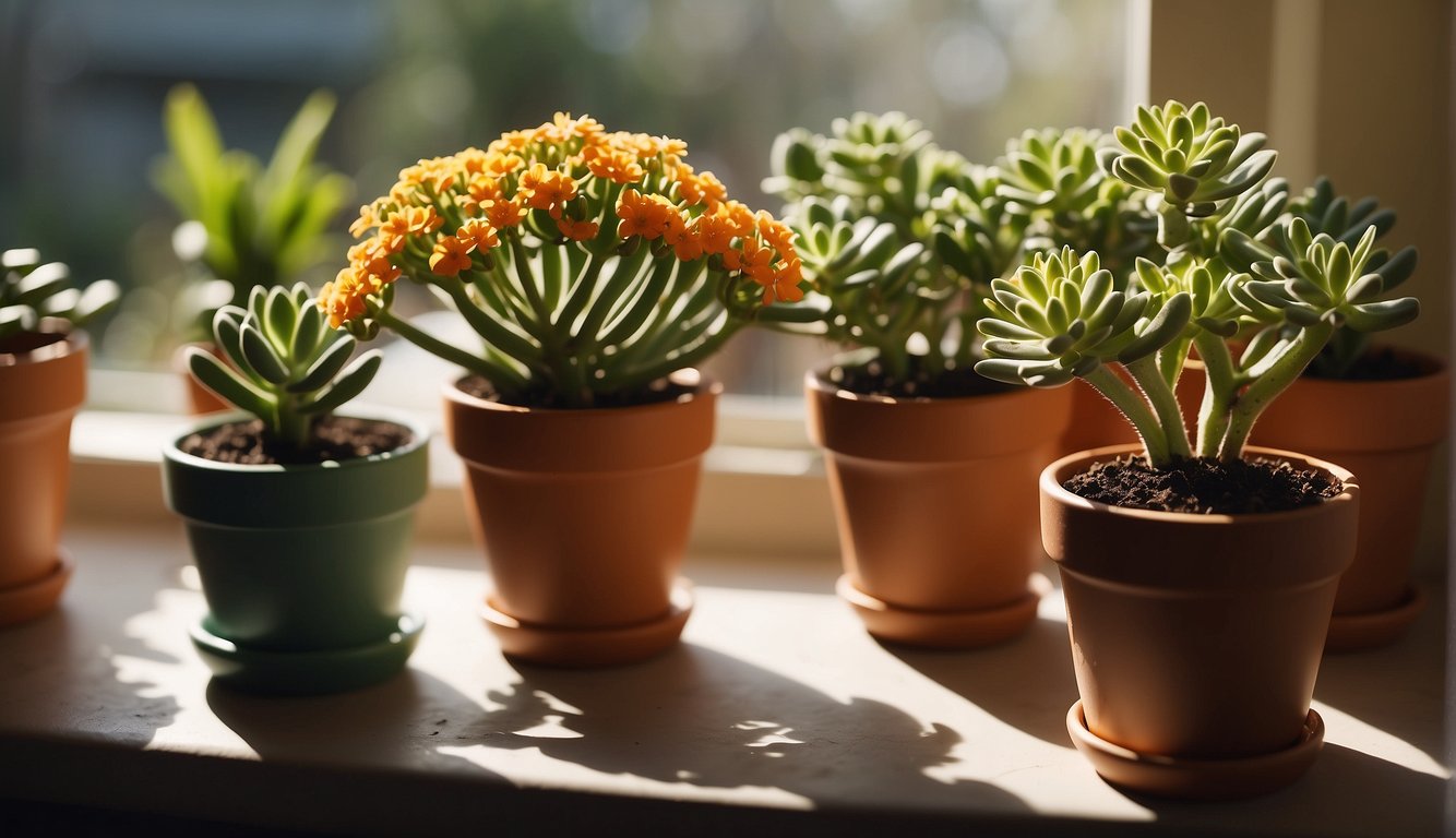 A vibrant Kalanchoe blossfeldiana plant surrounded by small plant pots, soil, and gardening tools. Bright sunlight filters through a nearby window, casting warm rays on the scene