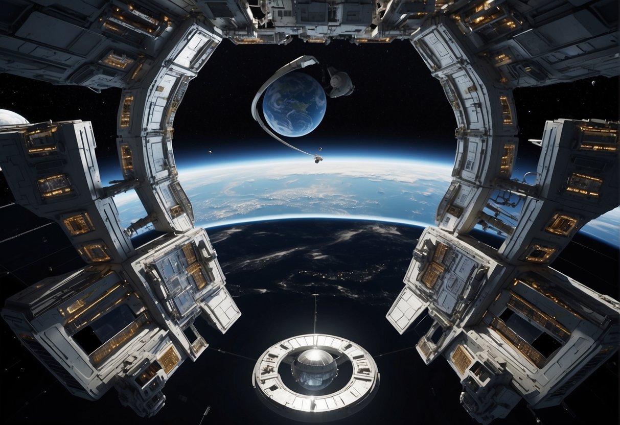 A futuristic space station orbits Earth, surrounded by satellites and spacecraft. Political flags and logos adorn the station, reflecting the current state of space politics