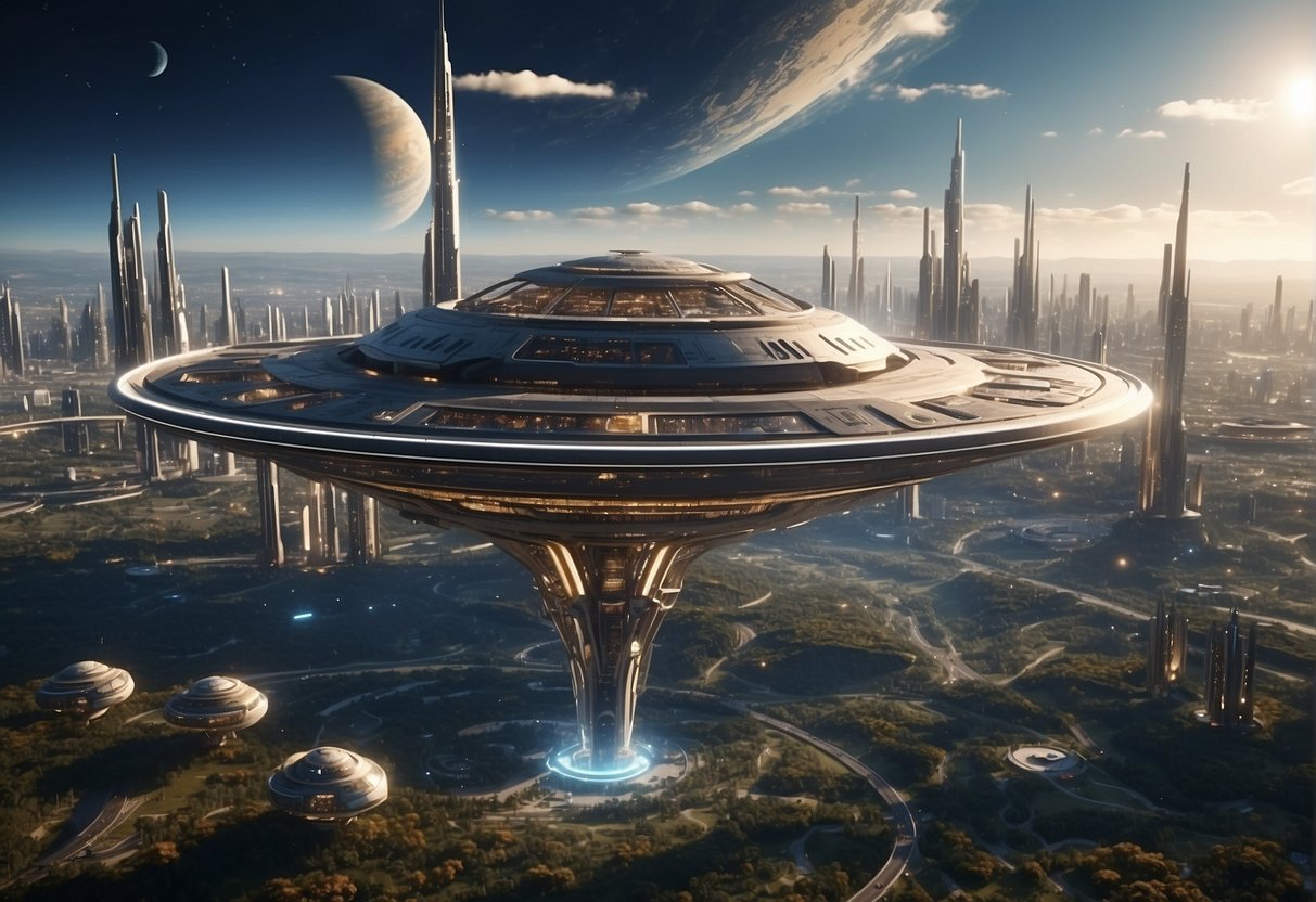 A futuristic cityscape with towering spaceports and sleek spacecraft, surrounded by a network of orbital stations and celestial bodies