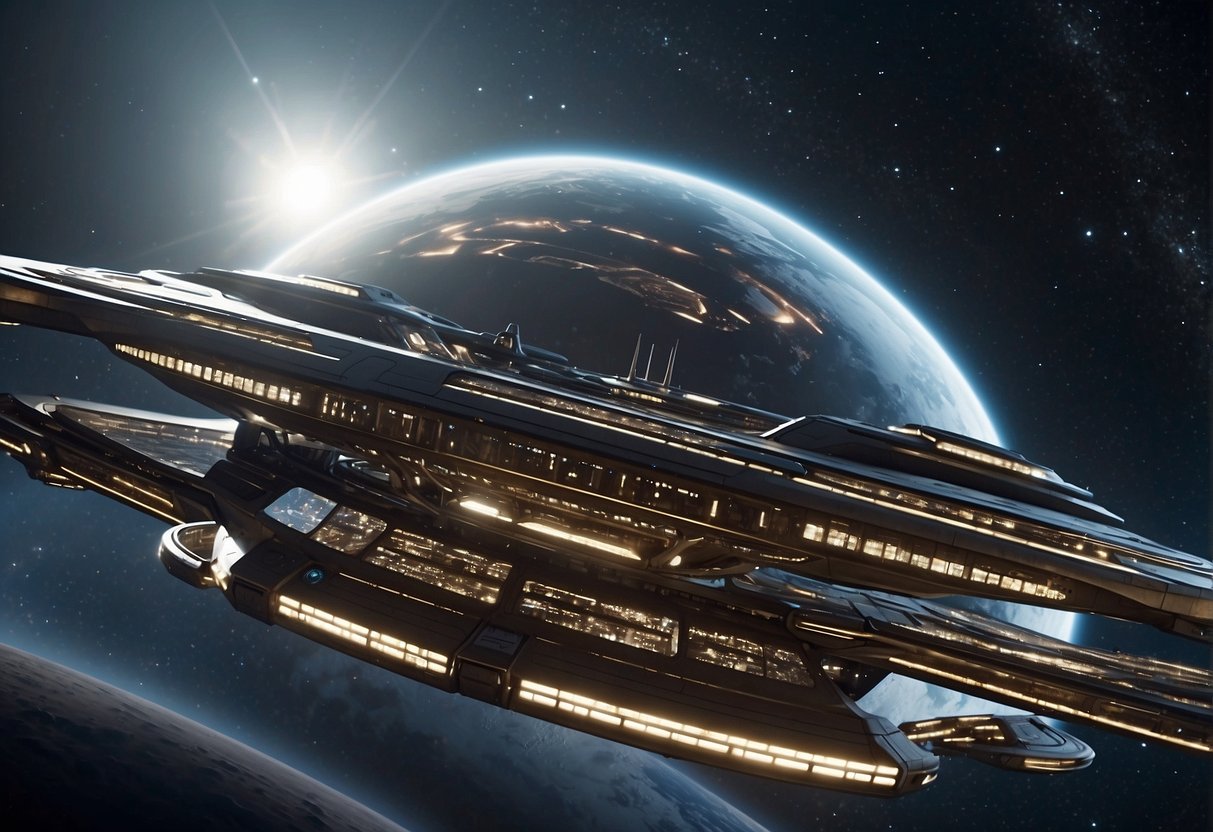 A futuristic spaceship docked at a space station, with sleek metallic surfaces and advanced technology visible. The backdrop shows a vast expanse of stars and galaxies, conveying the vastness of space