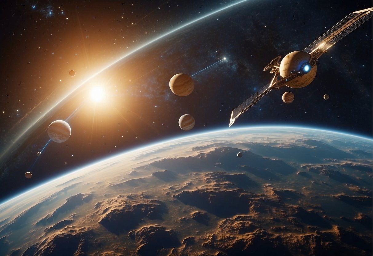 A vast expanse of space, with planets and stars scattered across the cosmic canvas. A futuristic spacecraft hovers in the distance, symbolizing the bridging of current space politics with future possibilities in the sci-fi genre