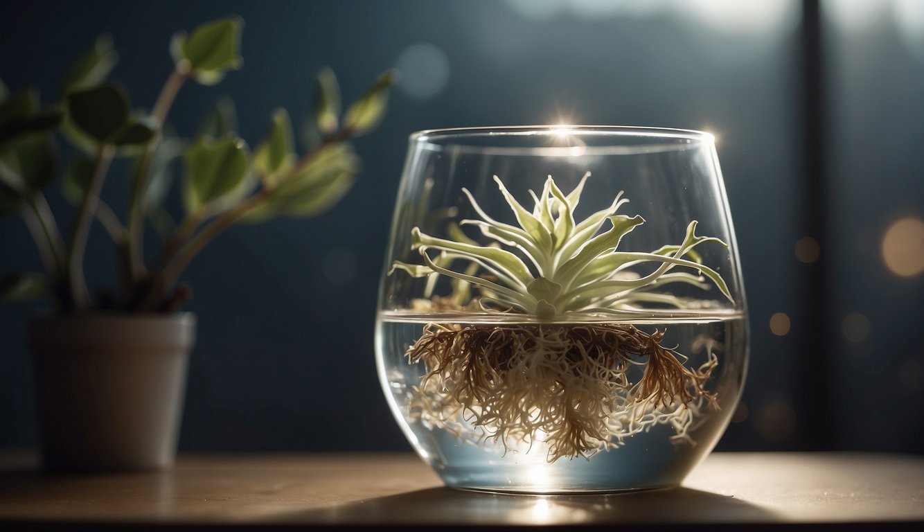 A single ghost plant cutting sits in a glass of water, roots beginning to form. A soft, ethereal glow surrounds the plant, highlighting its delicate beauty