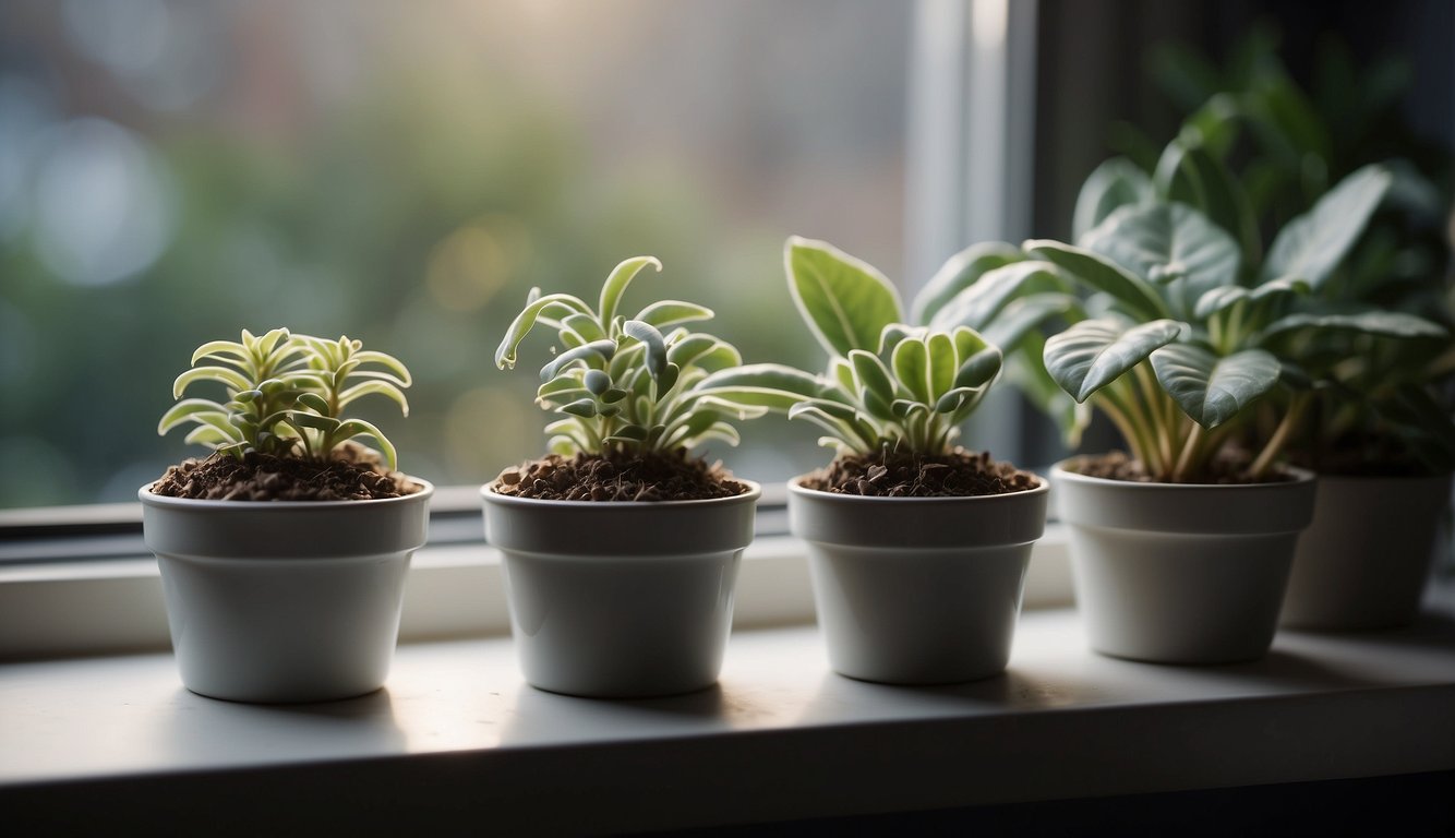 A cluster of ghost plants sits on a windowsill, surrounded by small pots of soil and delicate leaves. A pair of tweezers carefully plucks a leaf from the mother plant, ready for propagation