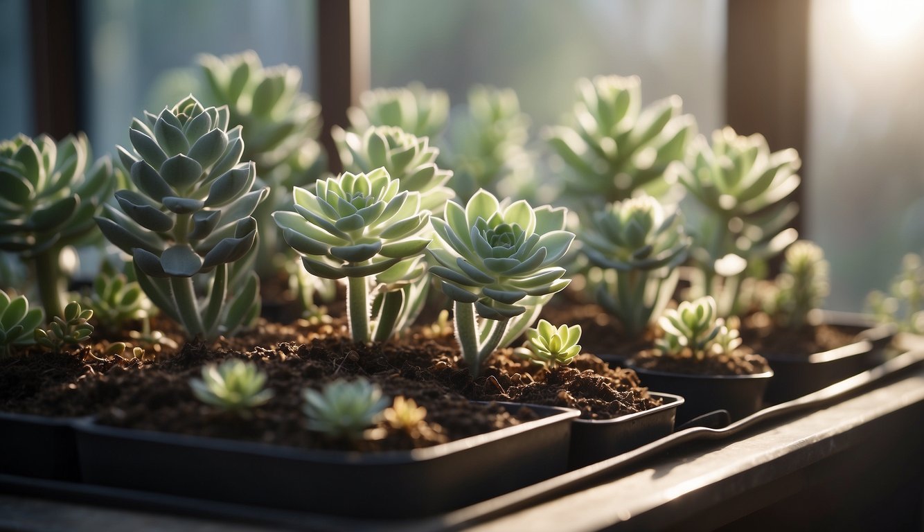 A cluster of ghost plants sits in a shallow tray of soil, surrounded by small offsets and new growth. Bright light filters through a nearby window, casting a soft glow on the delicate succulents