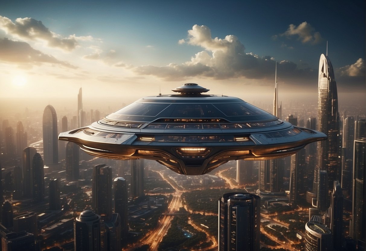 A spaceship hovers over a futuristic city, with towering skyscrapers and advanced technology. The scene is set in a bustling spaceport, with ships coming and going, showcasing the blend of current space politics and future possibilities