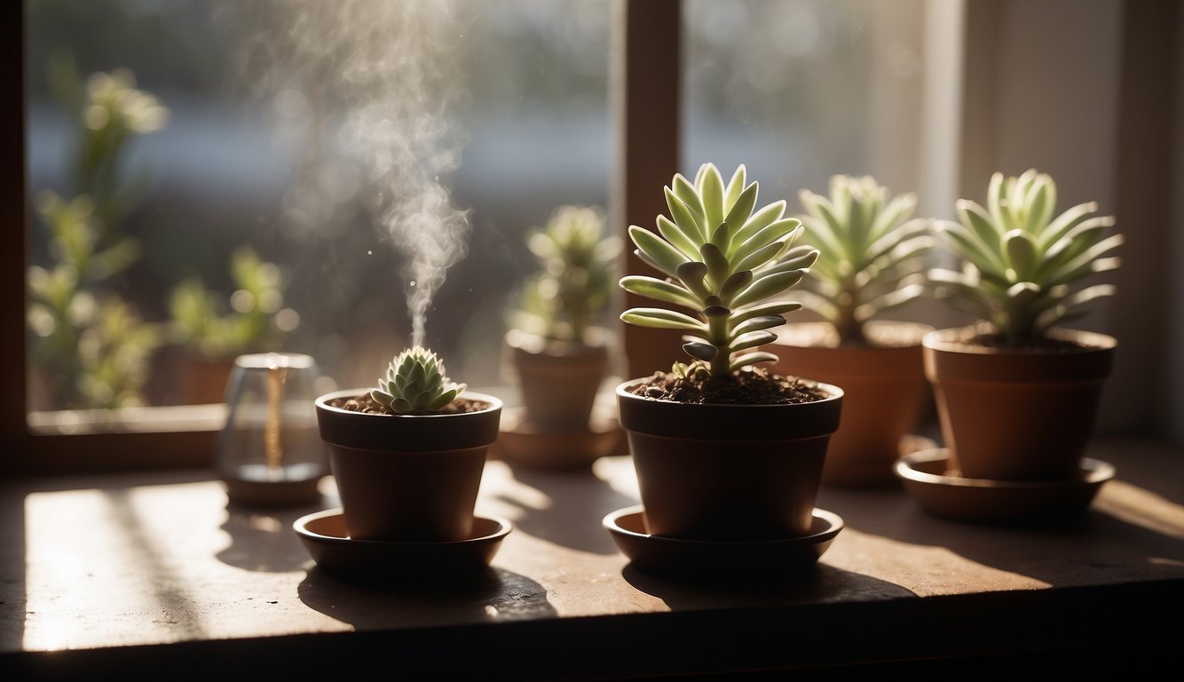 A ghostly Graptopetalum paraguayense plant sits on a windowsill, surrounded by small pots of soil and a misting spray bottle. The plant's translucent leaves glow in the sunlight, creating an ethereal and hauntingly beautiful scene