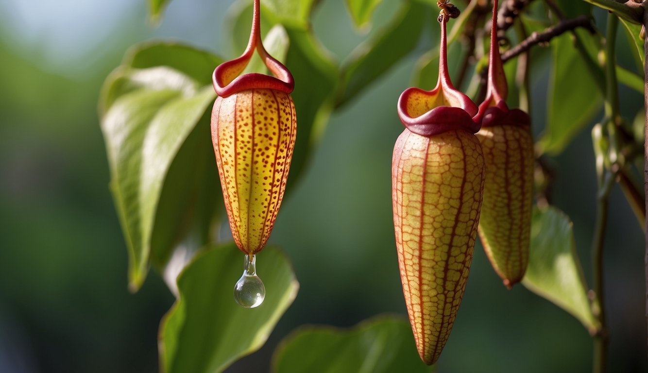 A pitcher plant dangles from a vine, its colorful, cone-shaped pitcher glistening with moisture. Insects buzz around the plant, drawn to its sweet nectar