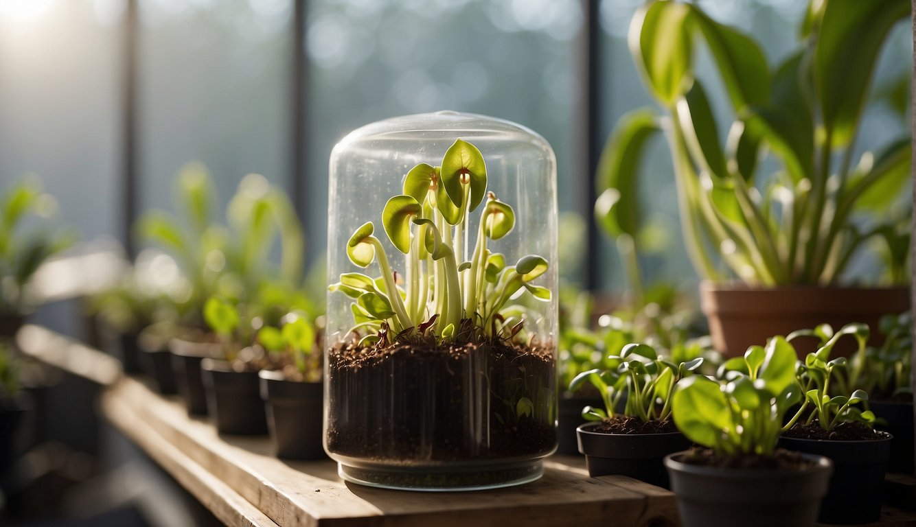 A pitcher plant cutting is carefully placed in a container of moist soil, with a misting system overhead. Bright sunlight filters through the greenhouse windows, providing the perfect conditions for the plant to take root and grow