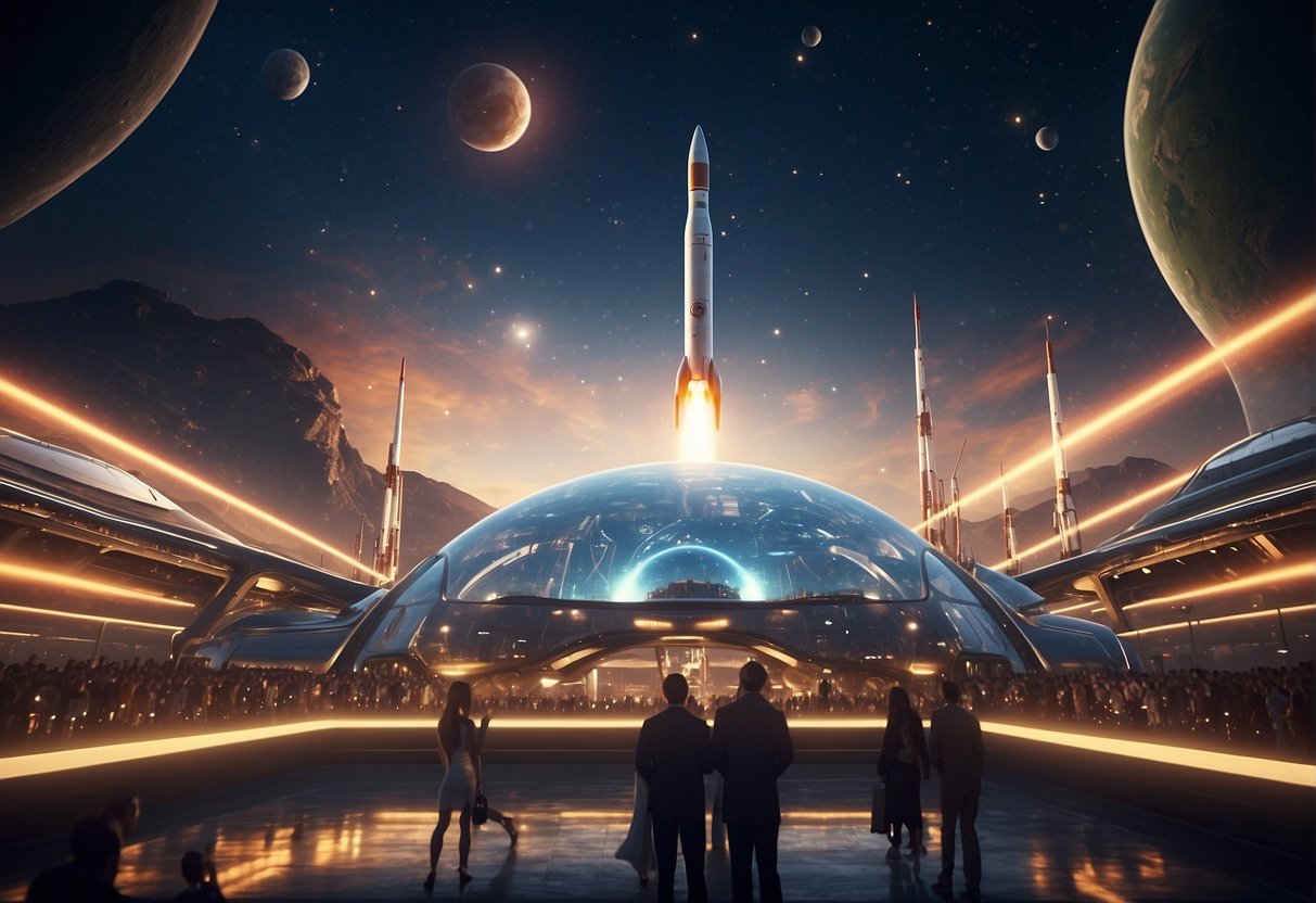 A rocket launches from a futuristic spaceport, surrounded by bustling activity and advanced technology, symbolizing the ethical and moral implications of space colonization