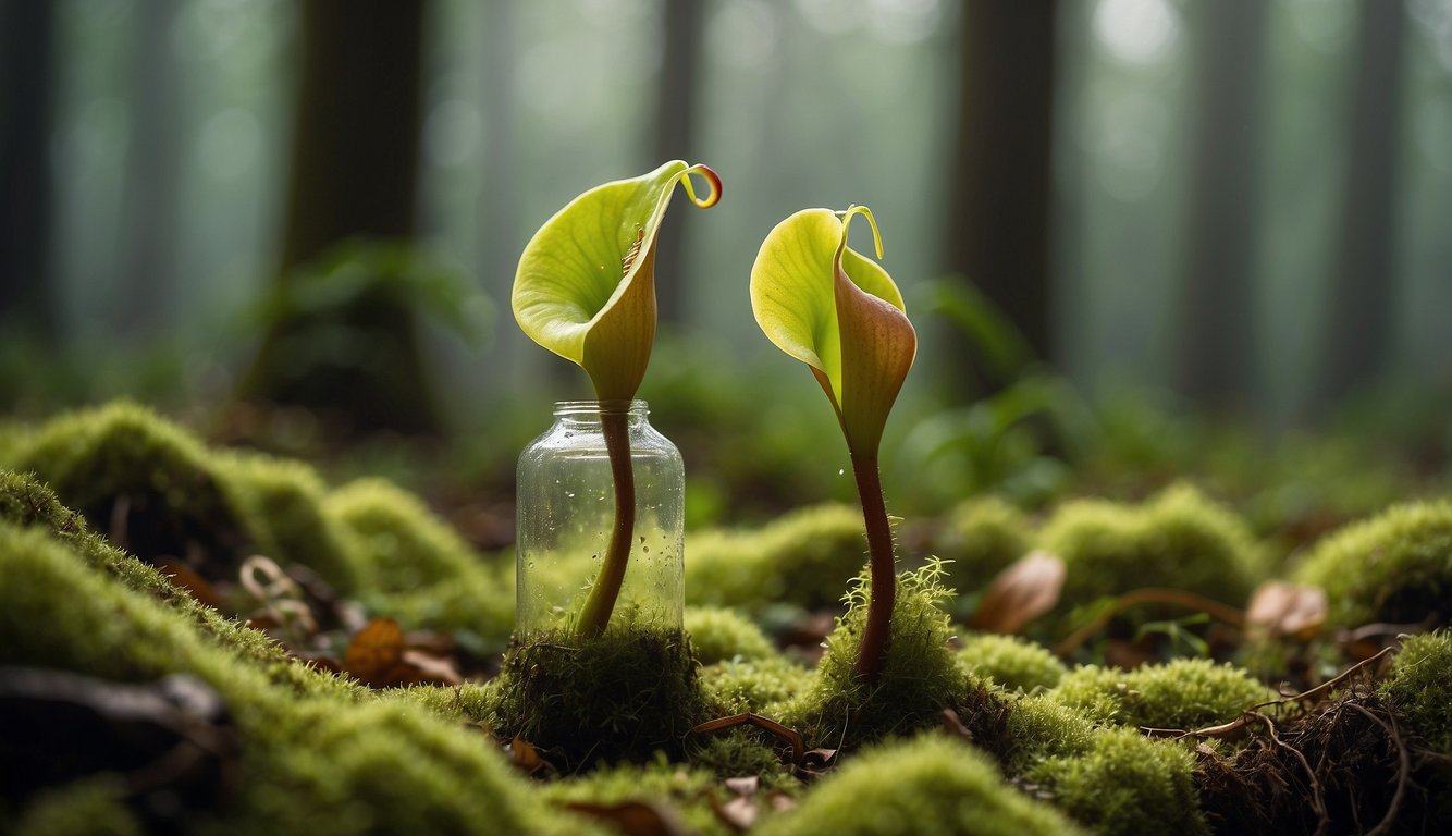 A pitcher plant sits on a mossy forest floor, surrounded by damp soil and fallen leaves. Its vibrant green pitchers reach upwards, ready to catch unsuspecting insects