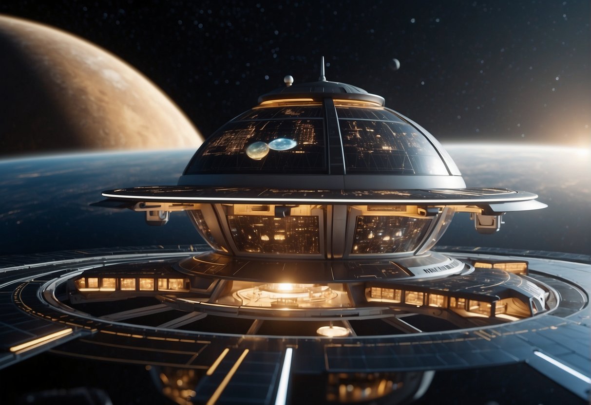 A futuristic space station orbits Earth, with sleek solar panels and docking ports. A holographic display shows a map of the solar system, while various spacecraft come and go, symbolizing the intersection of current space politics and future possibilities