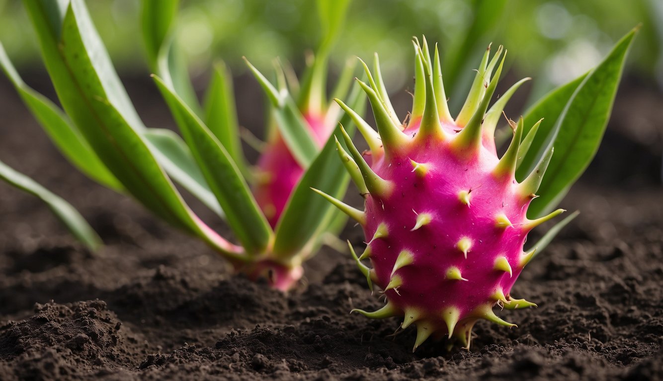 Dragon fruit plant with green, spiky stems and vibrant pink fruit. Surrounding soil with young shoots emerging. Bright sunlight and lush foliage in the background