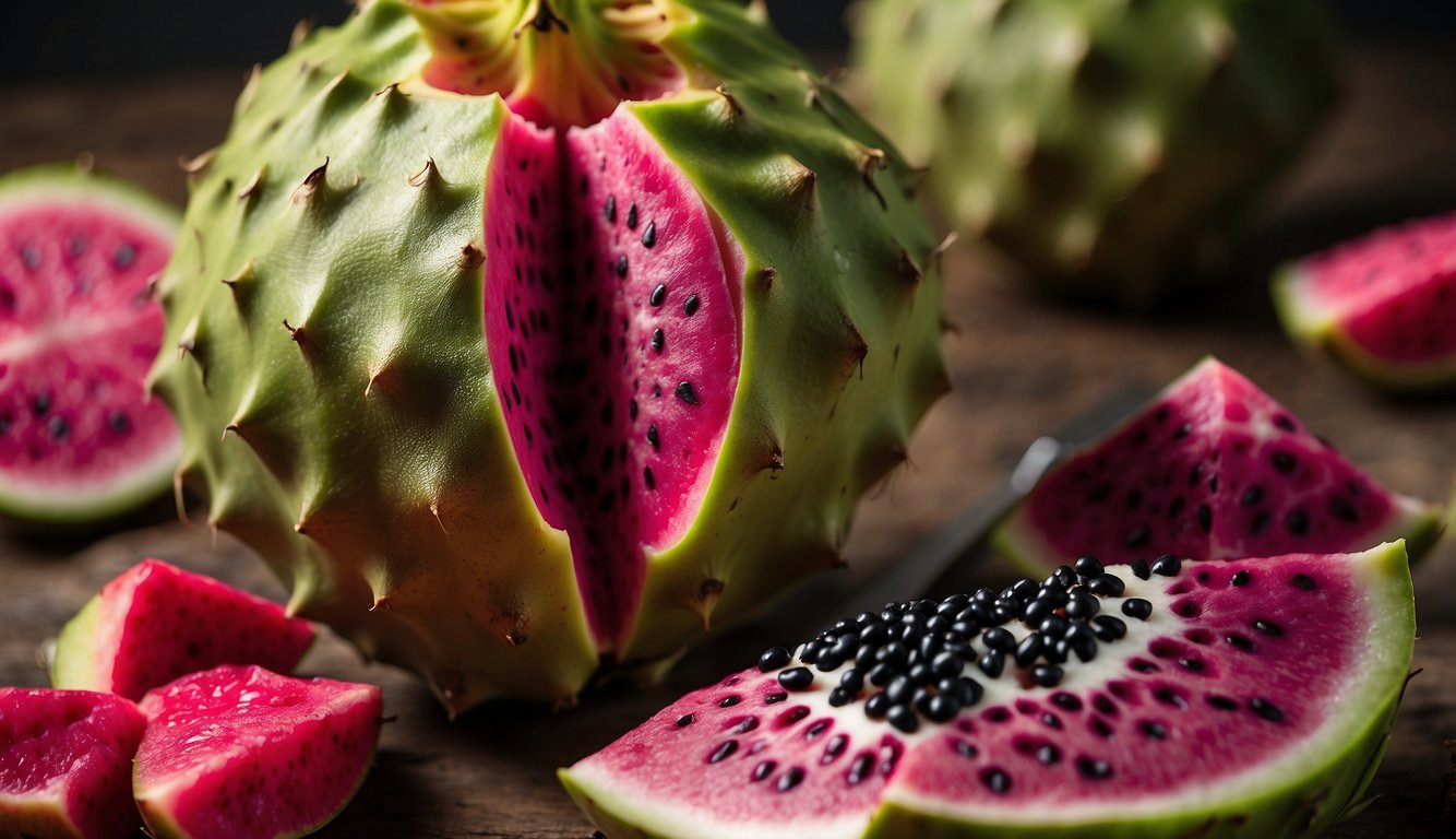 A hand holding a sharp knife cuts a ripe dragon fruit in half to reveal its vibrant pink flesh and edible black seeds
