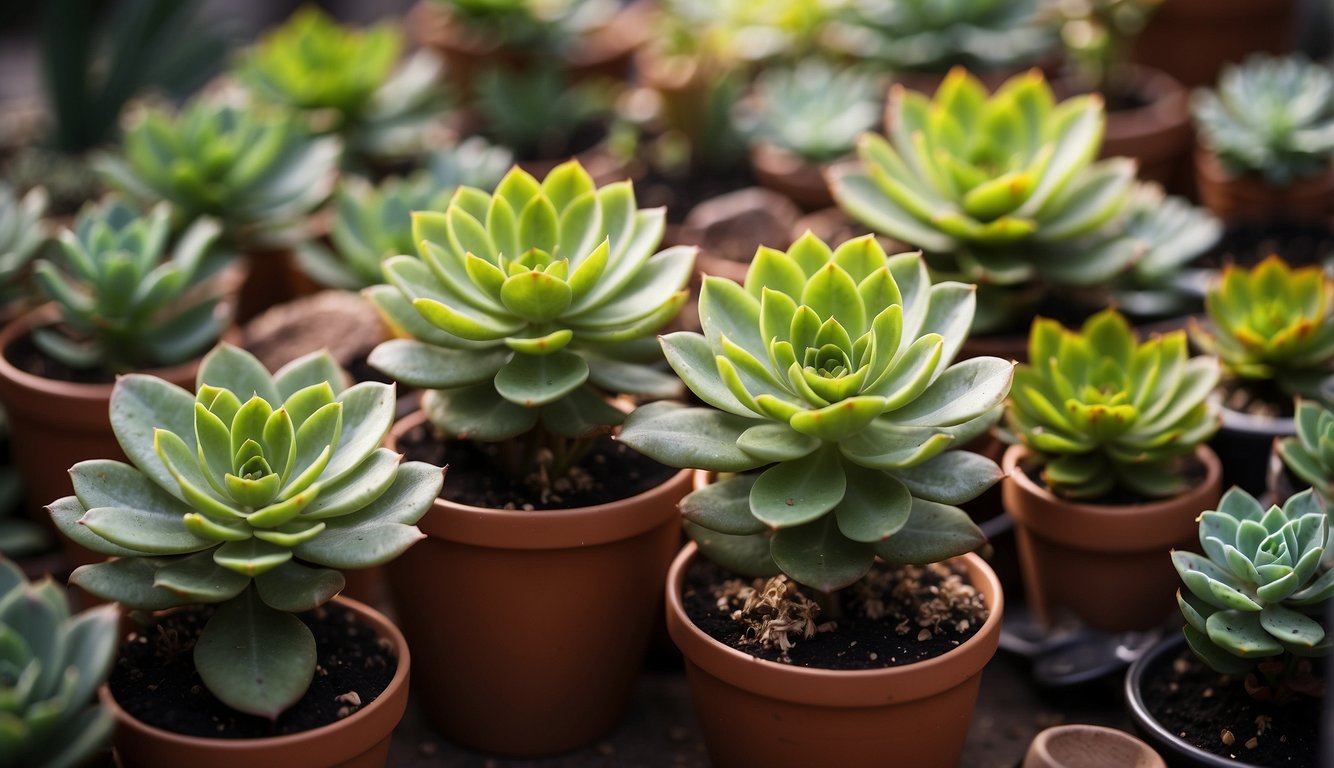 Multiple kiwi aeonium succulents with vibrant green, pink, and yellow leaves, surrounded by small pots and gardening tools