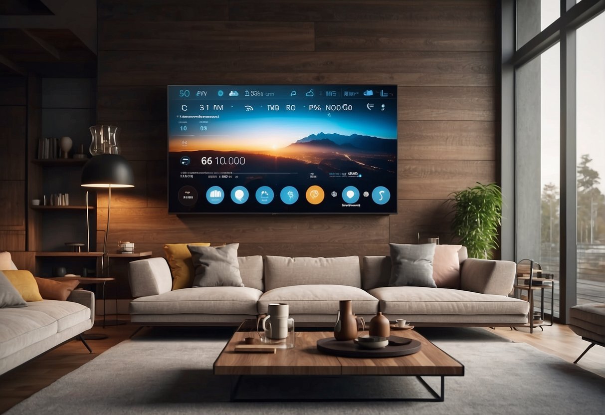 A modern living room with voice-activated lights, smart thermostat, and security cameras. A central control panel displays weather and energy usage data
