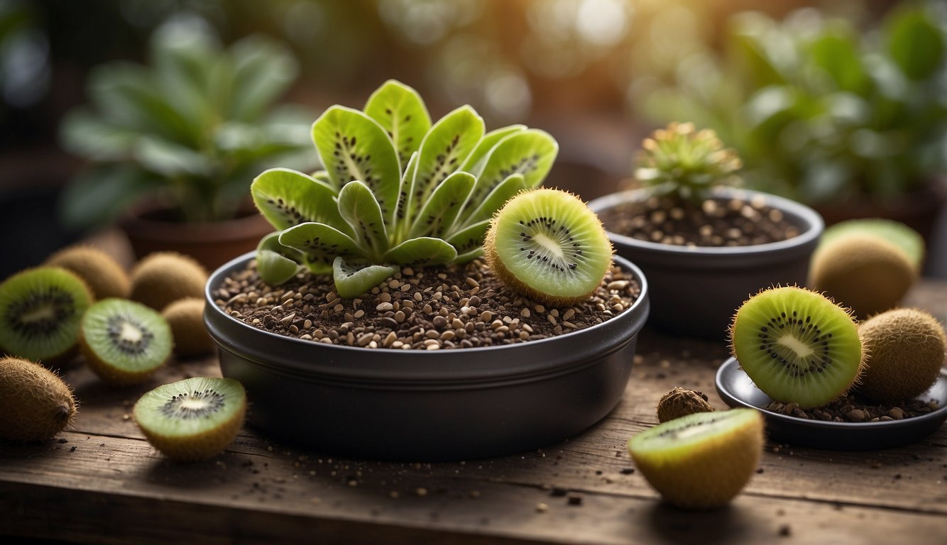 A small pot with a mix of soil and perlite, several healthy Kiwi Aeonium rosettes, a clean sharp knife, and a tray to catch any fallen leaves