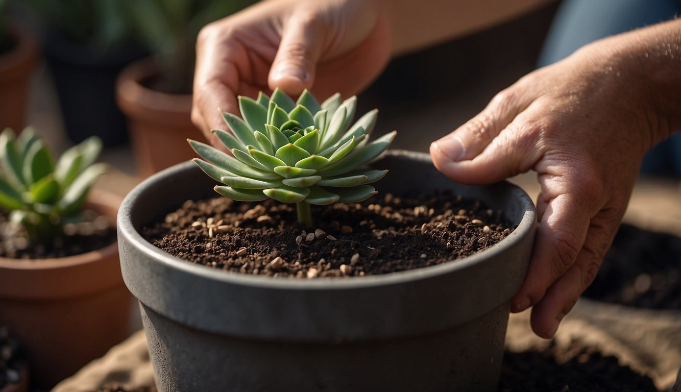 A pair of hands carefully separates a small rosette from the mother plant, placing it in a pot of well-draining soil. The new succulent is watered lightly and placed in a bright, indirect light to encourage healthy growth