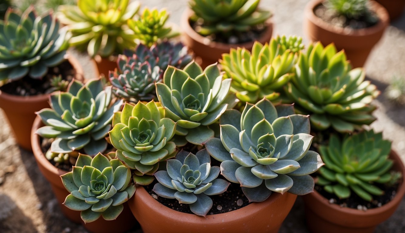 A cluster of Kiwi Aeonium succulents sits in a terracotta pot, surrounded by a variety of vibrant and contrasting succulents. The Kiwi Aeonium's leaves are a mix of green, yellow, and pink,