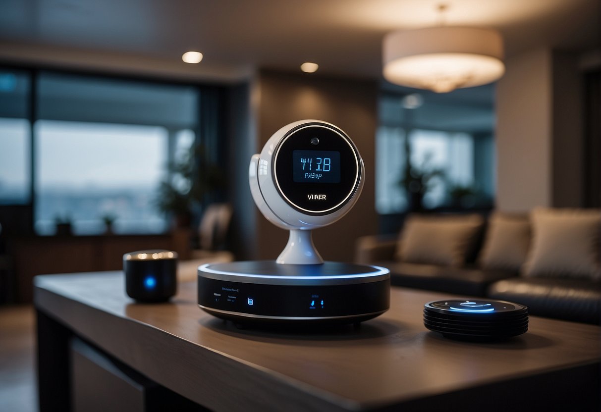 A central hub connects devices like lights, thermostats, and security cameras in a modern home