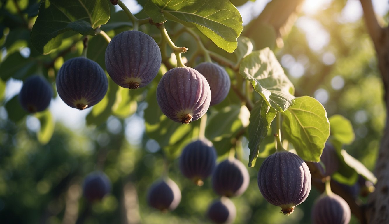A lush Turkish fig tree stands in a sun-drenched orchard, with ripe purple figs hanging from its branches and green leaves fluttering in the breeze