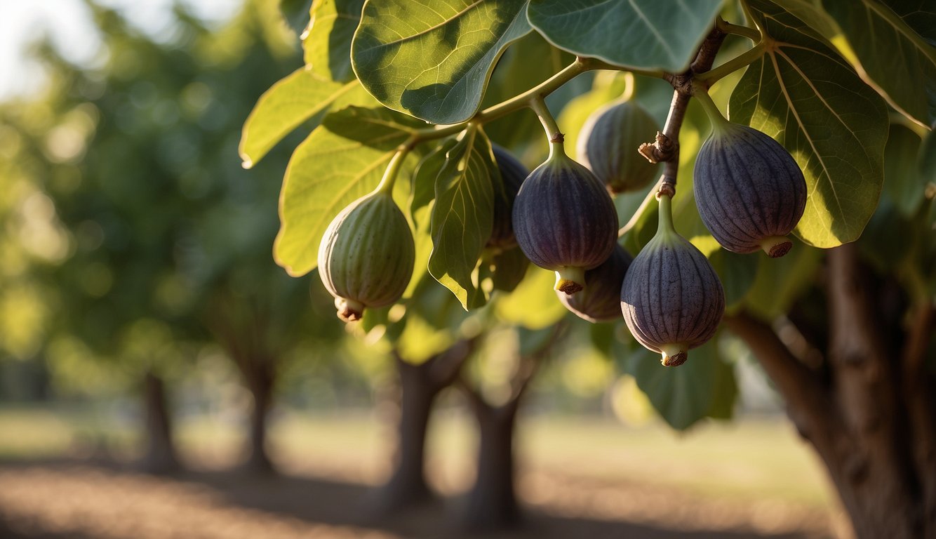 A mature Turkish fig tree with broad, lush leaves and ripe figs hanging from its branches, surrounded by rich, fertile soil and warm sunlight