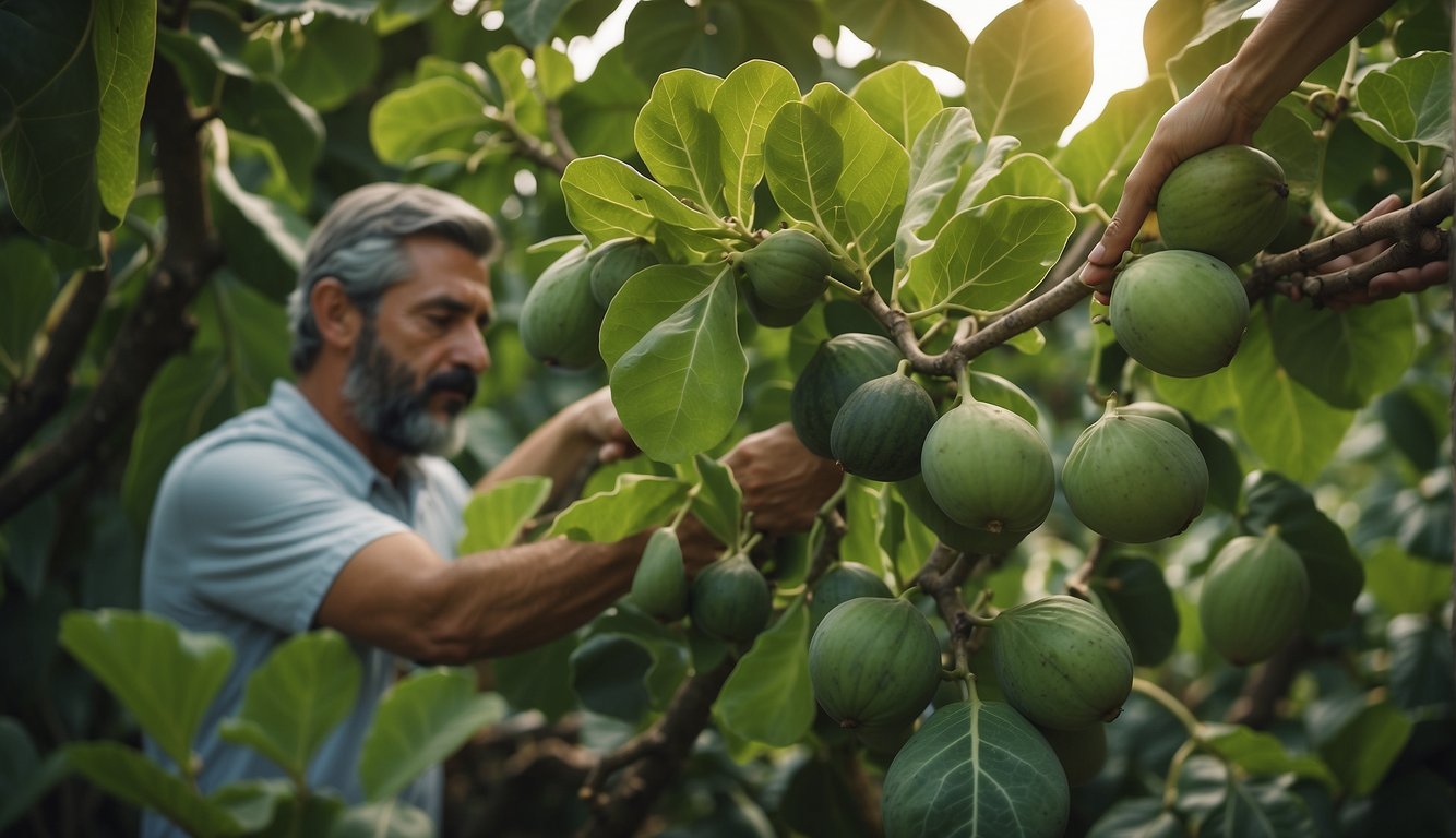 Lush green leaves and ripe figs adorn a healthy Turkish fig tree, with a gardener carefully taking cuttings and preparing them for propagation
