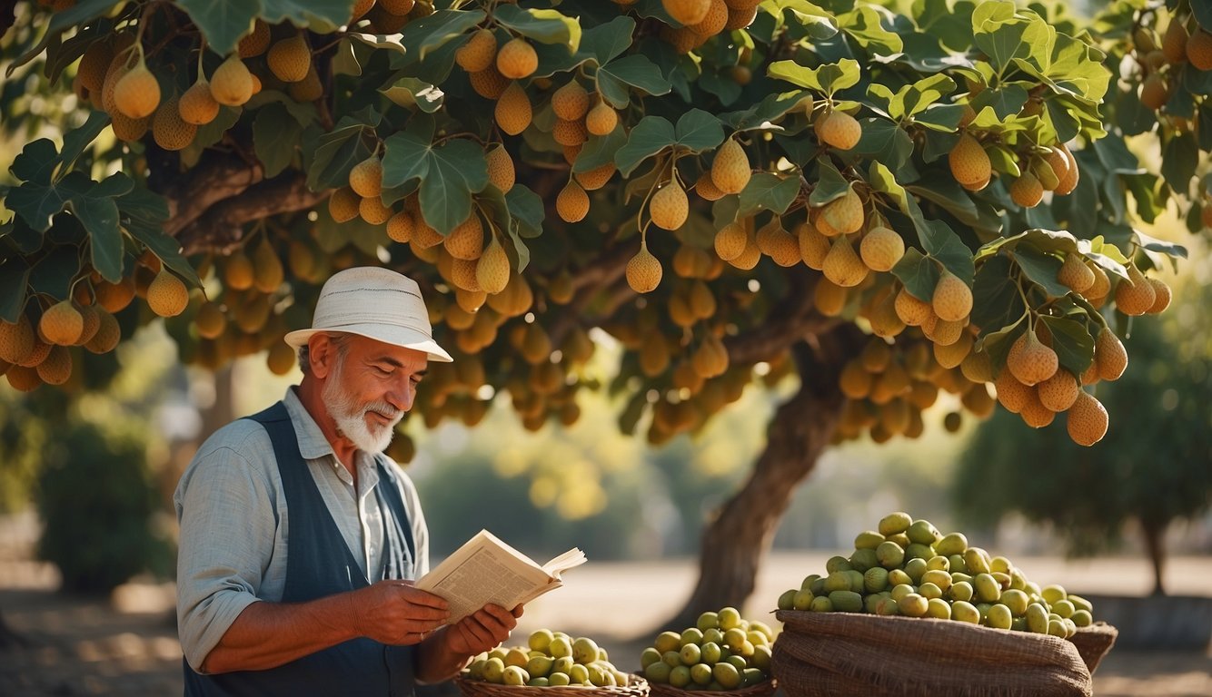 A Turkish fig tree surrounded by ripe fruits, with a gardener tending to the branches and a stack of informational pamphlets nearby