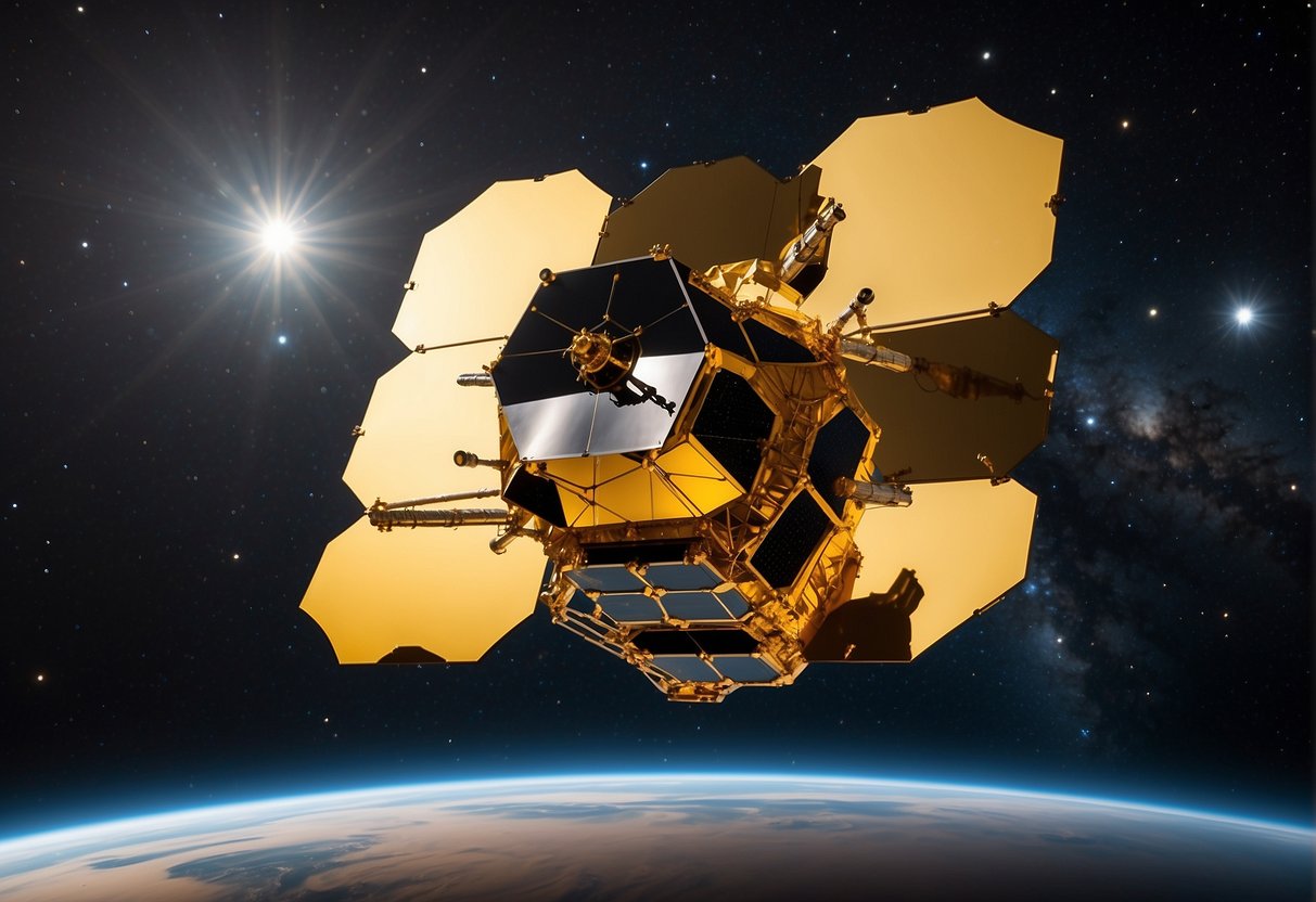 The James Webb Space Telescope floats gracefully in the vast expanse of space, its golden mirrors reflecting the distant stars and galaxies, a beacon of hope for the future of scientific discovery
