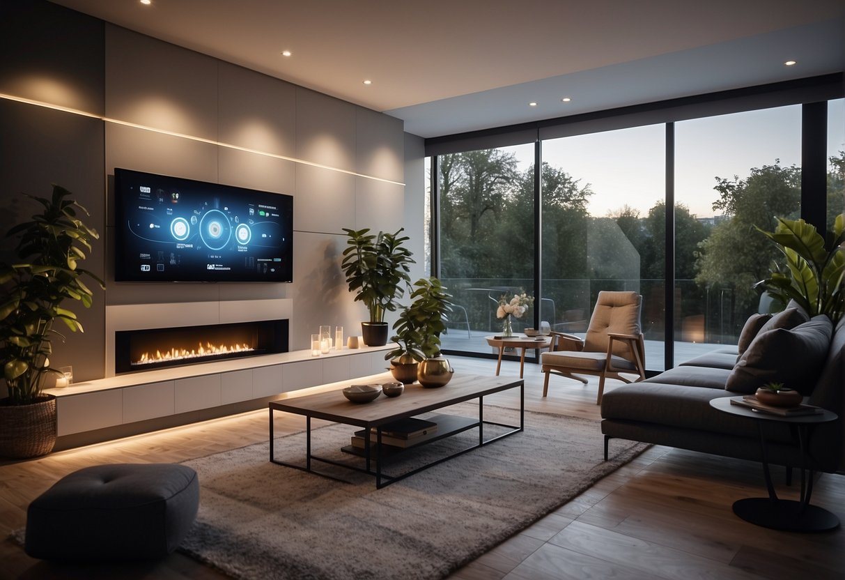 A modern smart home system with voice control, automated lighting, and security cameras. Smart devices connected to a central hub