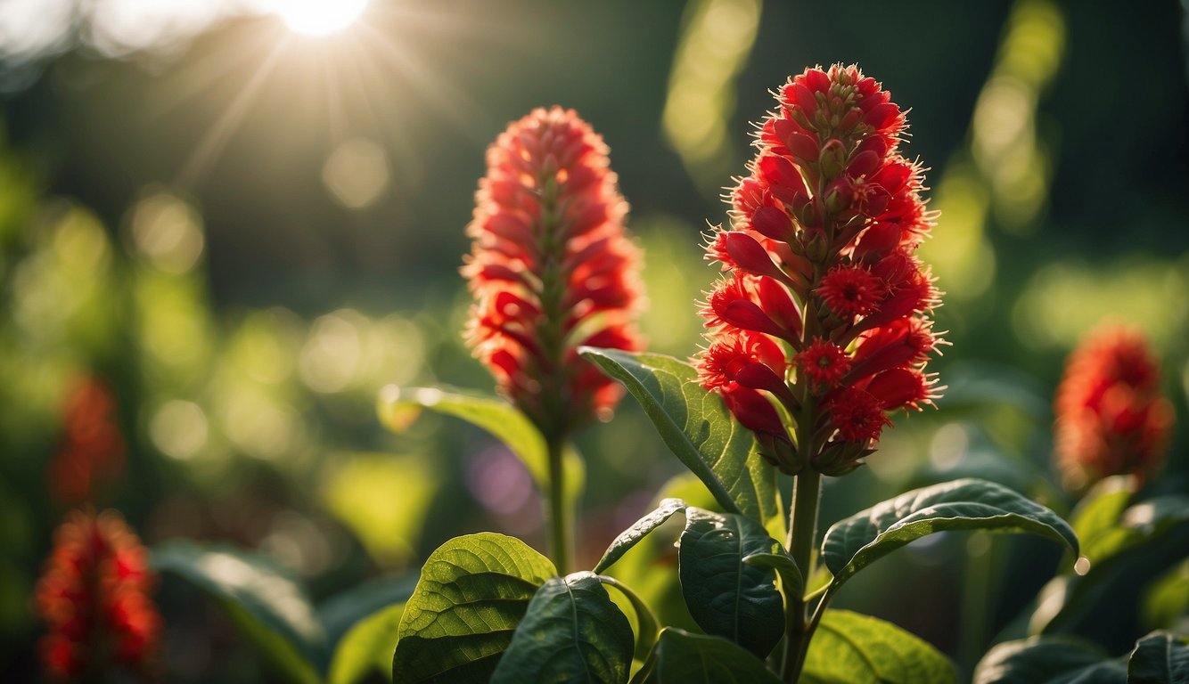 The Cigar Plant's vibrant red flowers contrast against lush green foliage, with small seed pods forming at the base of the stems. The plant is positioned in a bright, sunny location, with the sun's rays highlighting the fiery tips of the flowers